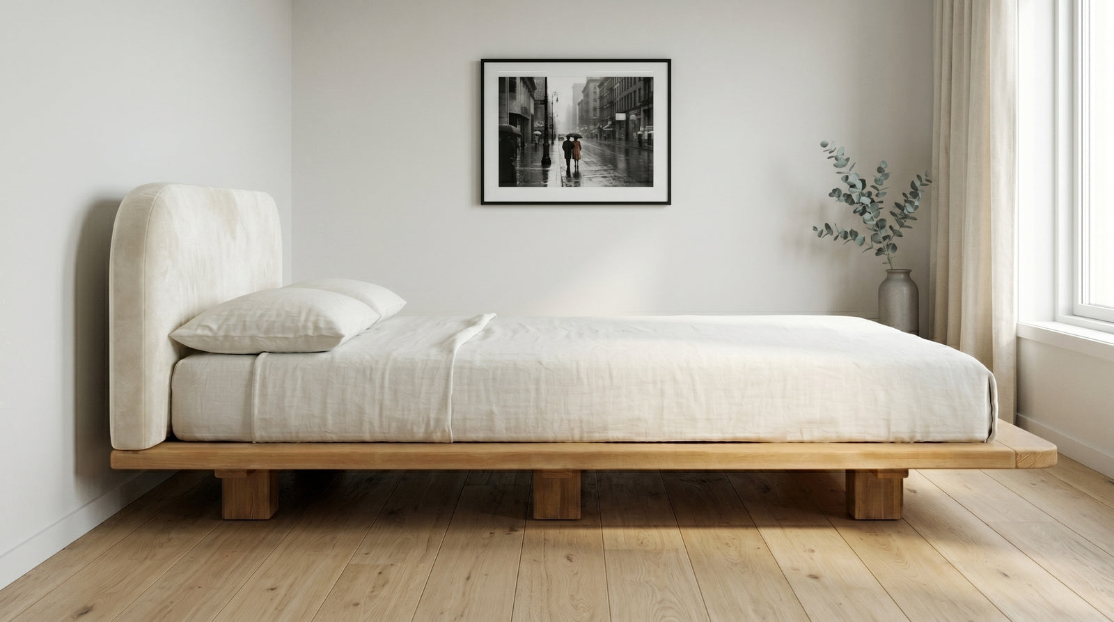 Łóżko lewitujące Eyko Bora 180 × 200 cm, buk, zagłówek ecru