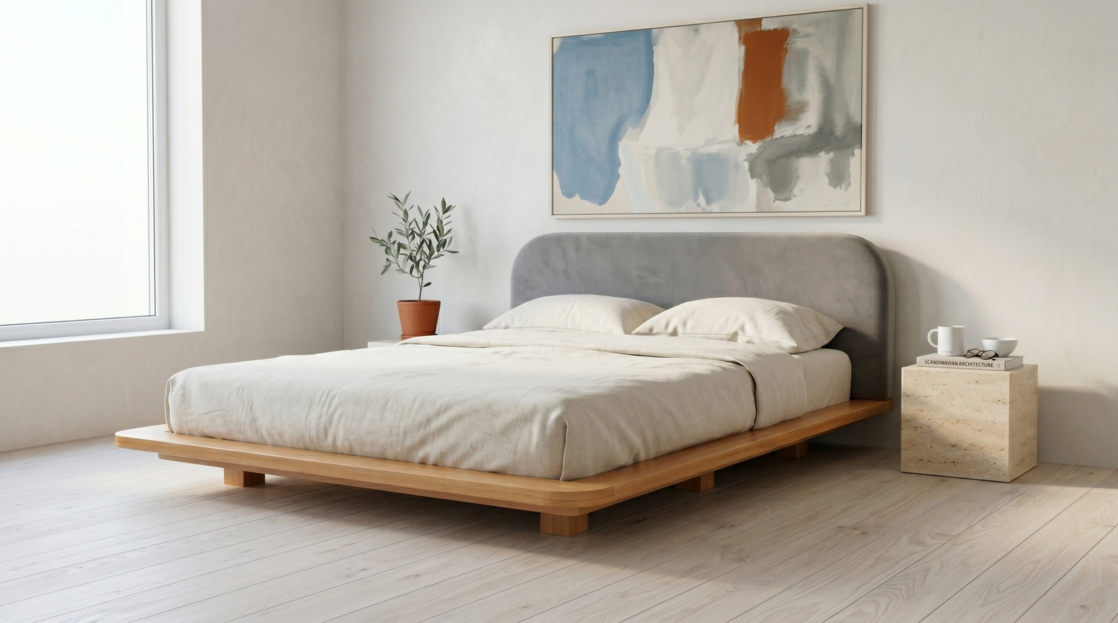 Łóżko lewitujące Eyko Bora 180 × 200 cm, buk, zagłówek szary