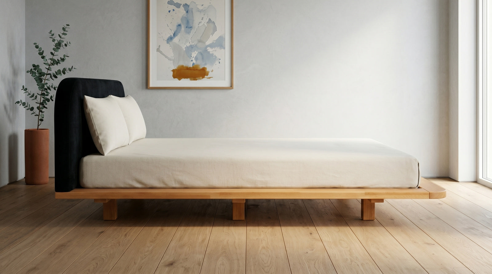 Łóżko lewitujące Eyko Bora 140 × 200 cm, buk, zagłówek czarny