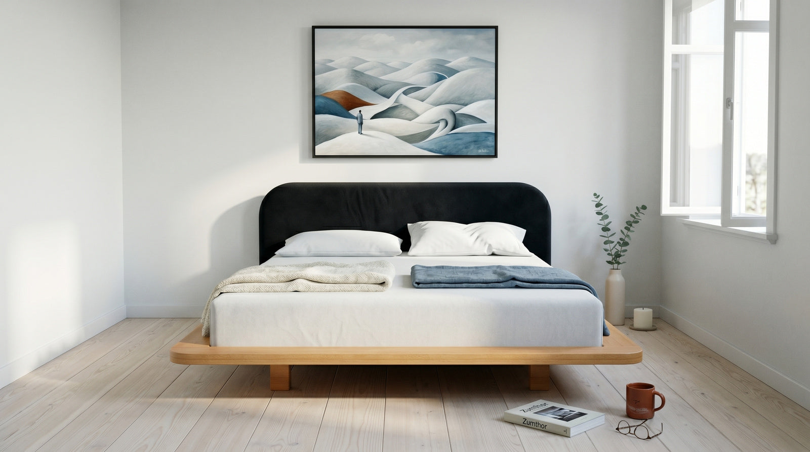Łóżko lewitujące Eyko Bora 140 × 200 cm, buk, zagłówek czarny