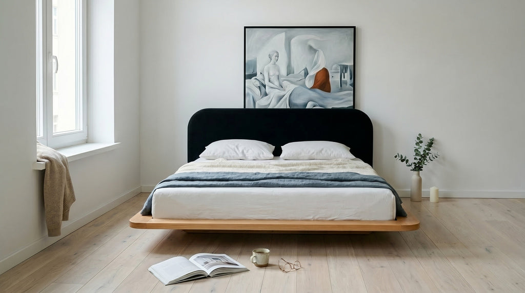 Łóżko lewitujące Eyko Bora 160 × 200 cm, buk, zagłówek czarny