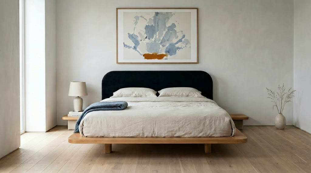 Łóżko lewitujące Eyko Bora 140 × 200 cm, buk, zagłówek czarny