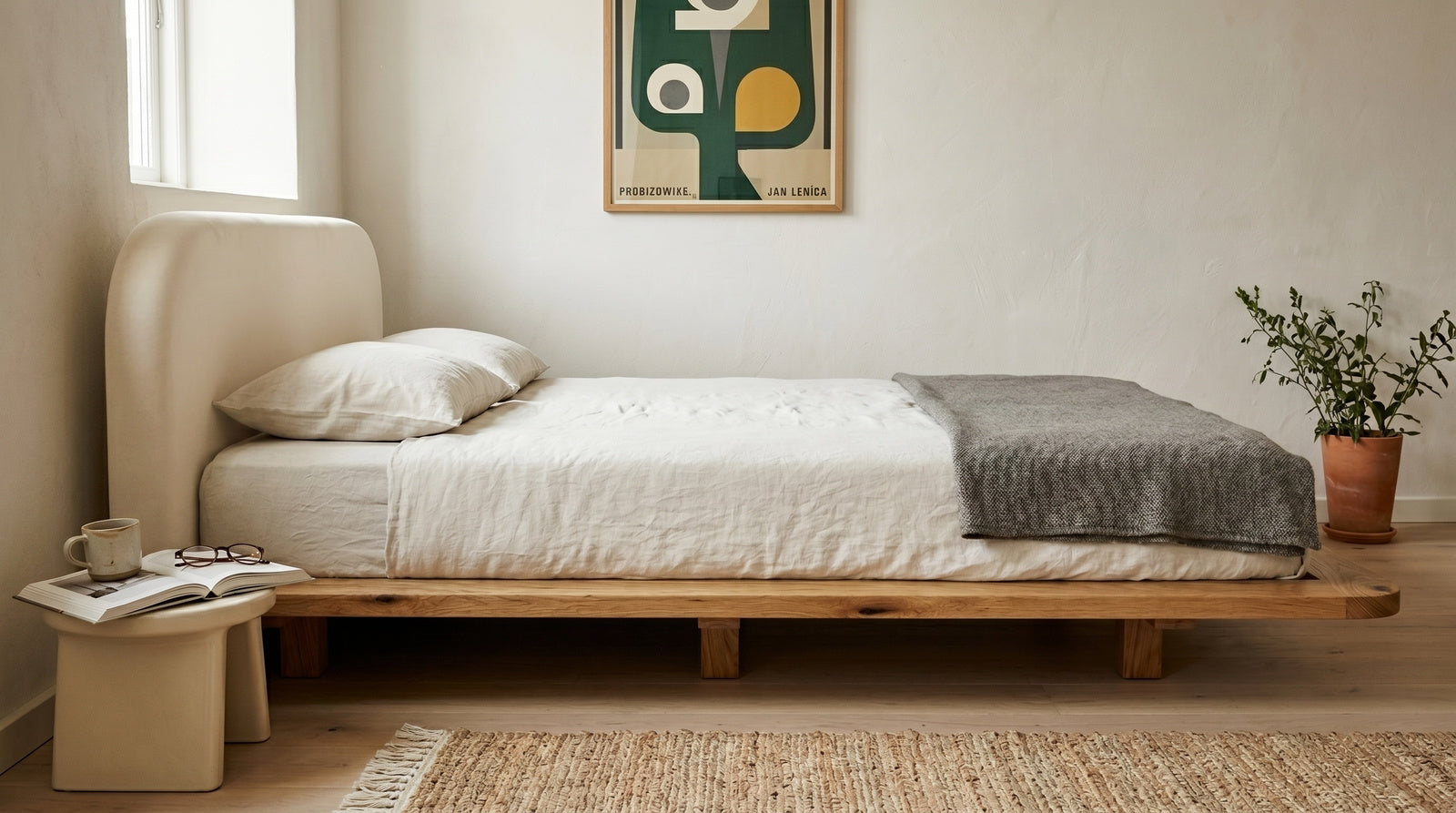 Łóżko lewitujące Eyko Bora 140 × 200 cm, dąb dziki, zagłówek ecru
