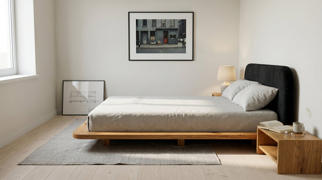 Łóżko lewitujące Eyko Bora 200 × 200 cm, dąb dziki, zagłówek czarny
