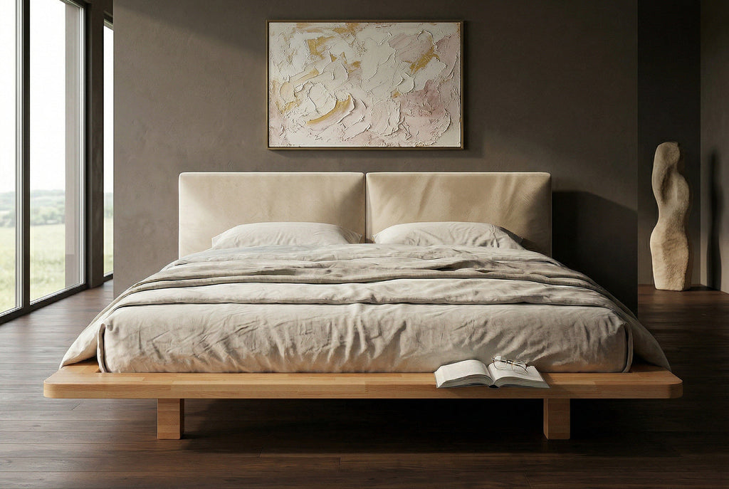 Łóżko lewitujące Eyko Hvar 180 × 200 cm, buk, zagłówek ecru