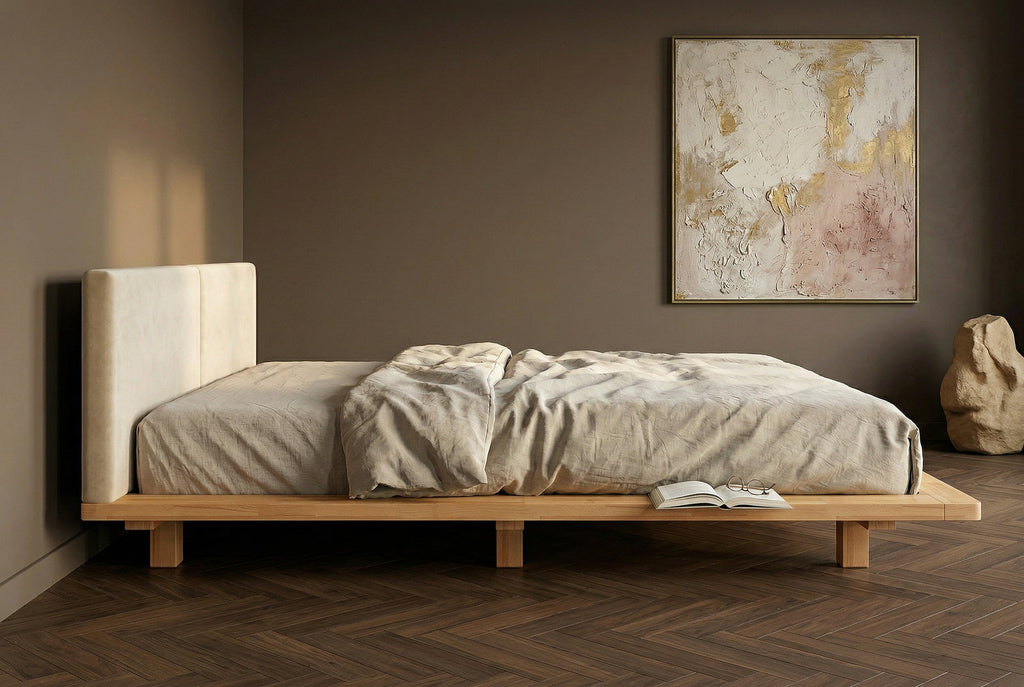 Łóżko lewitujące Eyko Hvar 160 × 200 cm, buk, zagłówek ecru