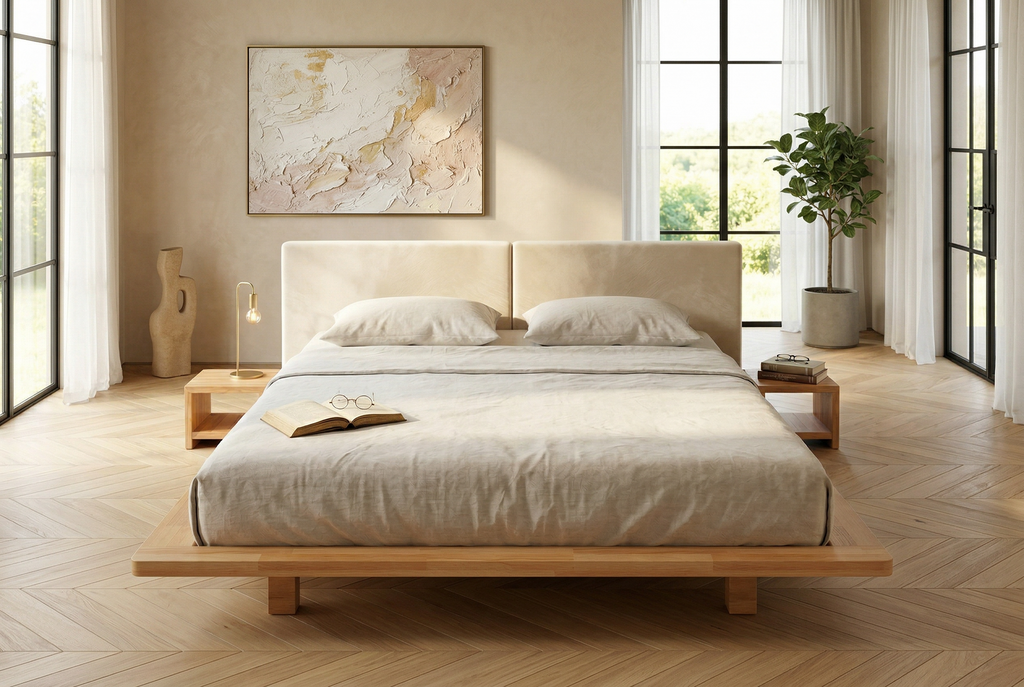 Łóżko lewitujące Eyko Hvar 140 × 200 cm, buk, zagłówek ecru