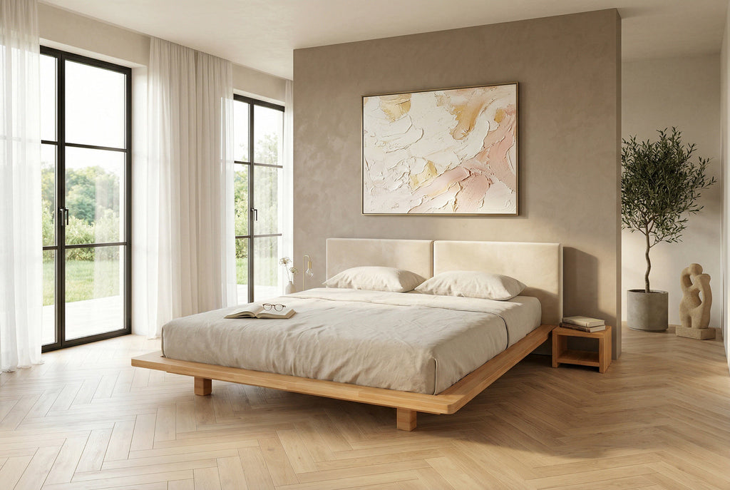 Łóżko lewitujące Eyko Hvar 160 × 200 cm, buk, zagłówek ecru