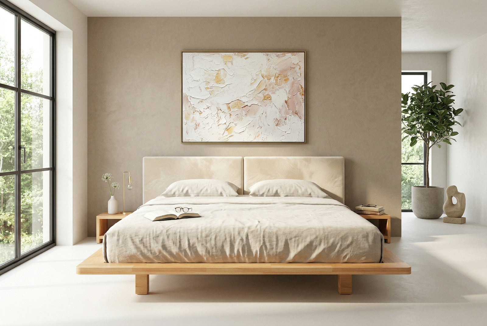 Łóżko lewitujące Eyko Hvar 160 × 200 cm, buk, zagłówek ecru