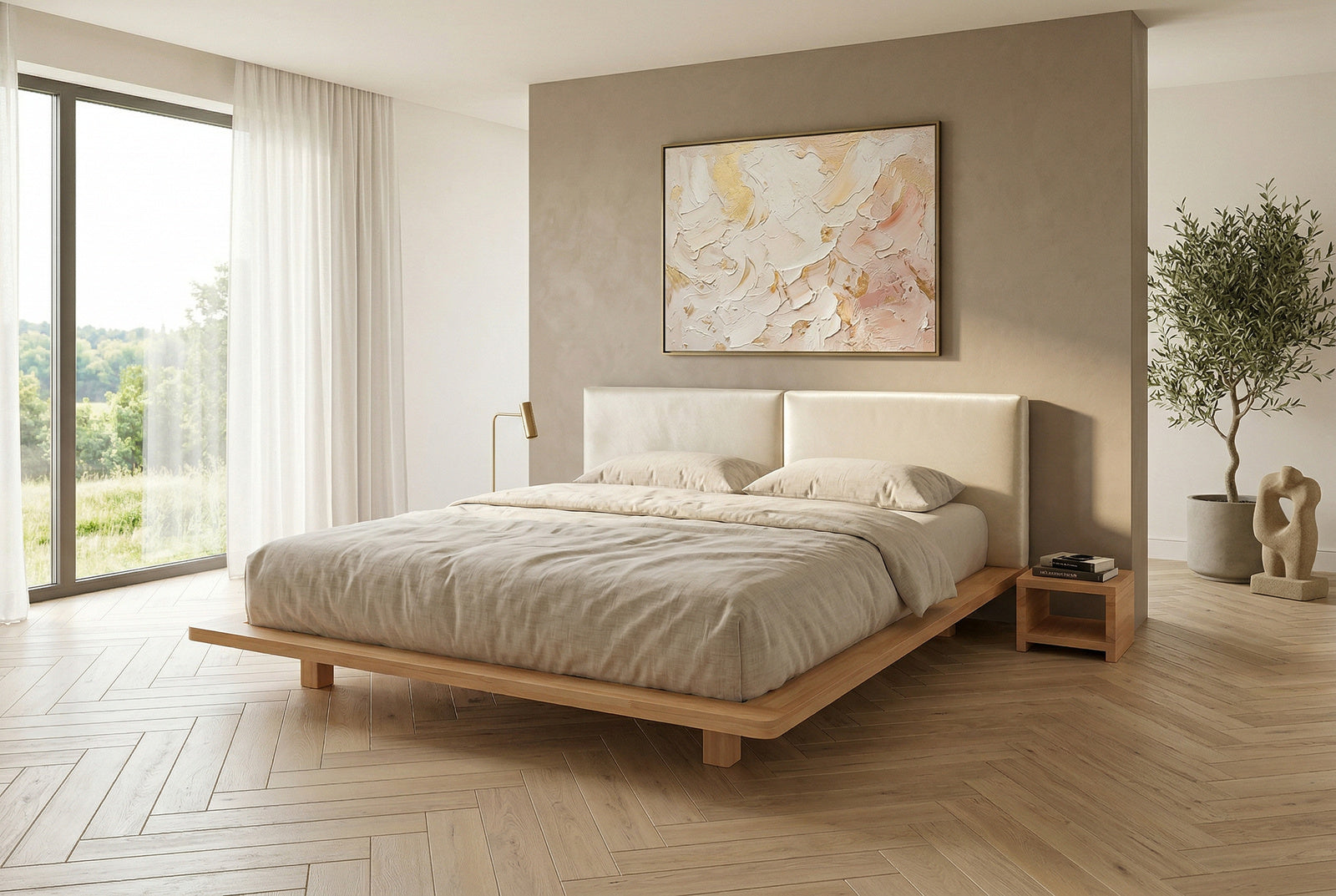 Łóżko lewitujące Eyko Hvar 160 × 200 cm, buk, zagłówek ecru