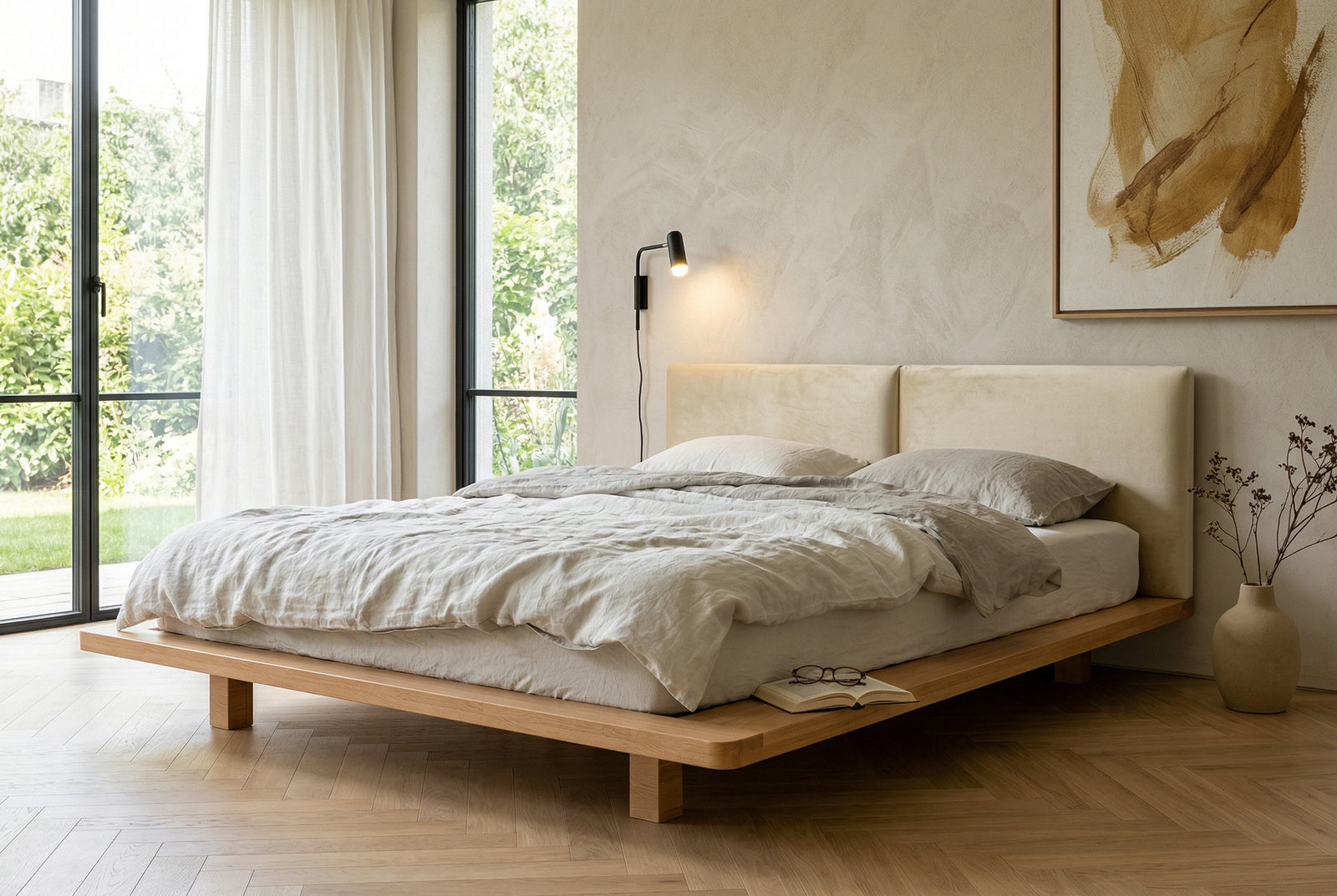 Łóżko lewitujące Eyko Hvar 160 × 200 cm, buk, zagłówek ecru