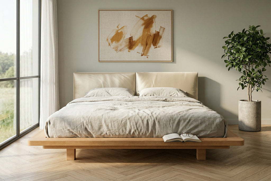 Łóżko lewitujące Eyko Hvar 140 × 200 cm, buk, zagłówek ecru