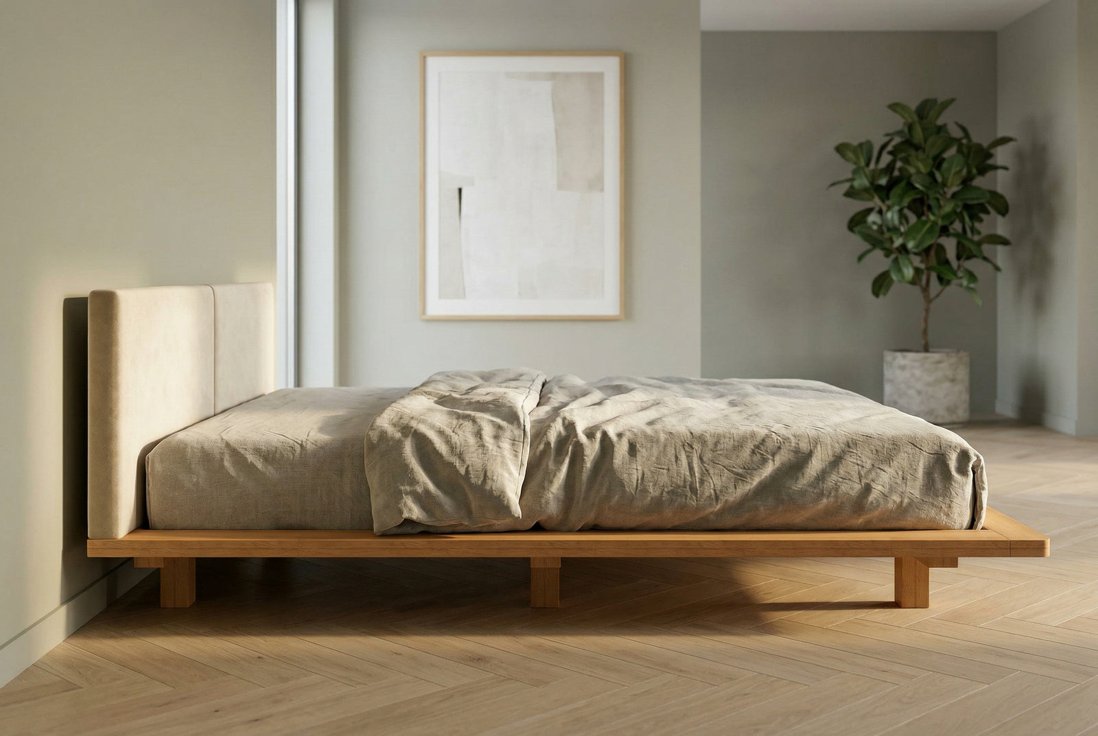 Łóżko lewitujące Eyko Hvar 160 × 200 cm, buk, zagłówek ecru