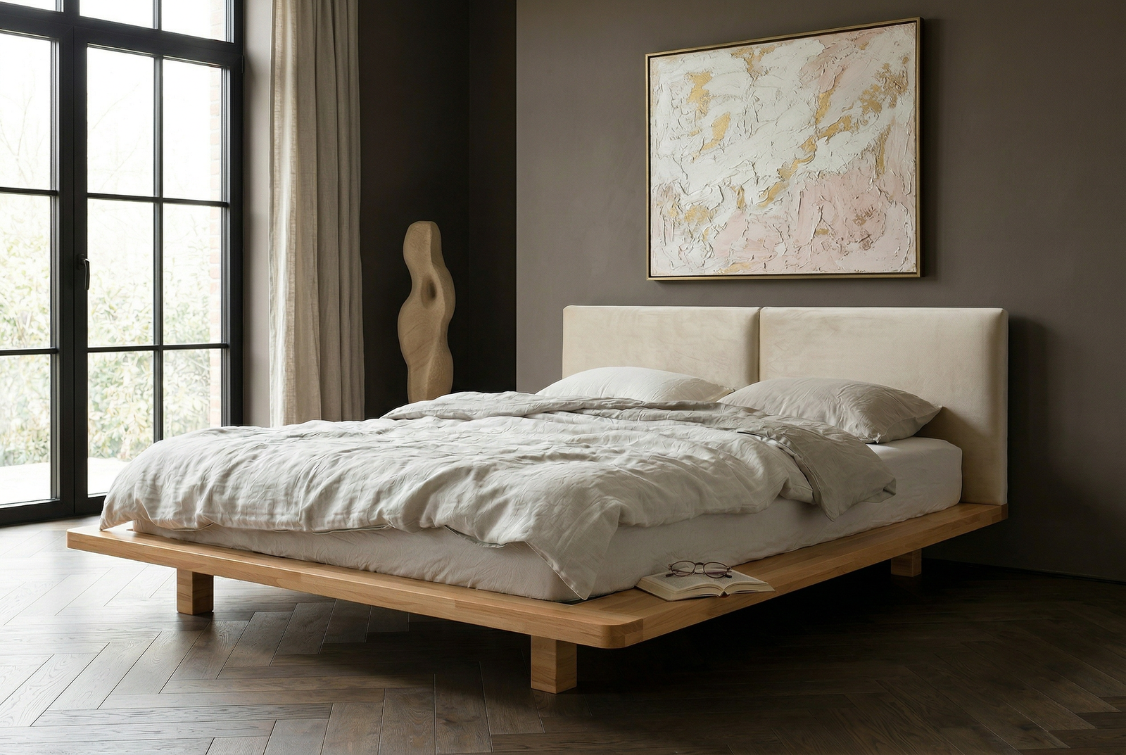 Łóżko lewitujące Eyko Hvar 160 × 200 cm, buk, zagłówek ecru