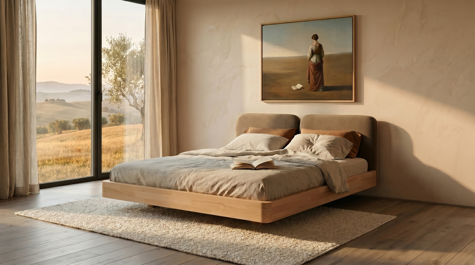 Łóżko lewitujące Eyko Maui 140 × 200 cm, buk, zagłówek brązowy
