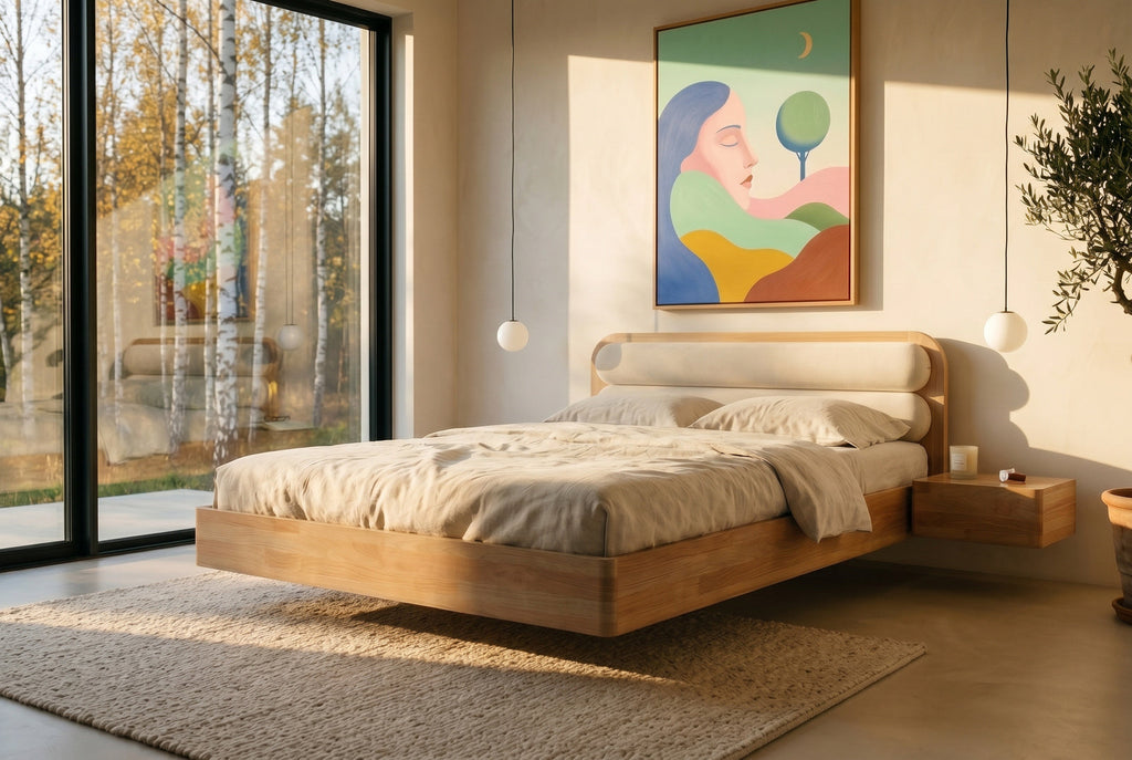 Łóżko lewitujące Eyko Ponza 200 × 200 cm, buk, zagłówek ecru