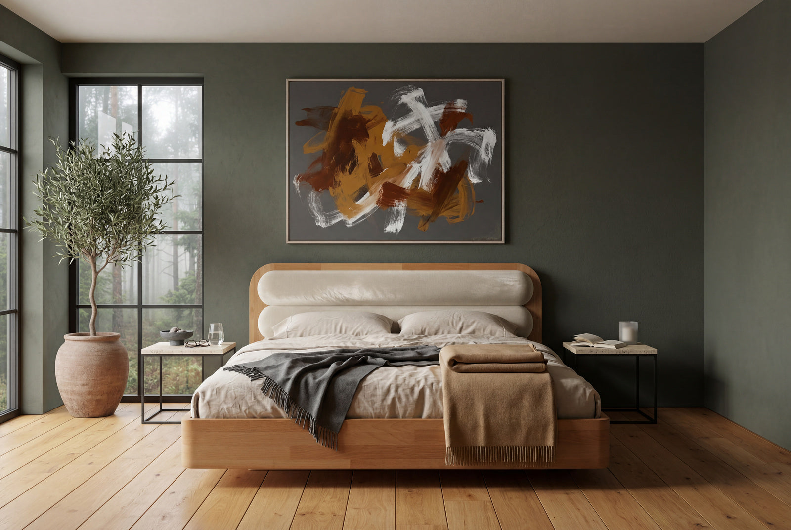 Łóżko lewitujące Eyko Ponza 200 × 200 cm, buk, zagłówek ecru