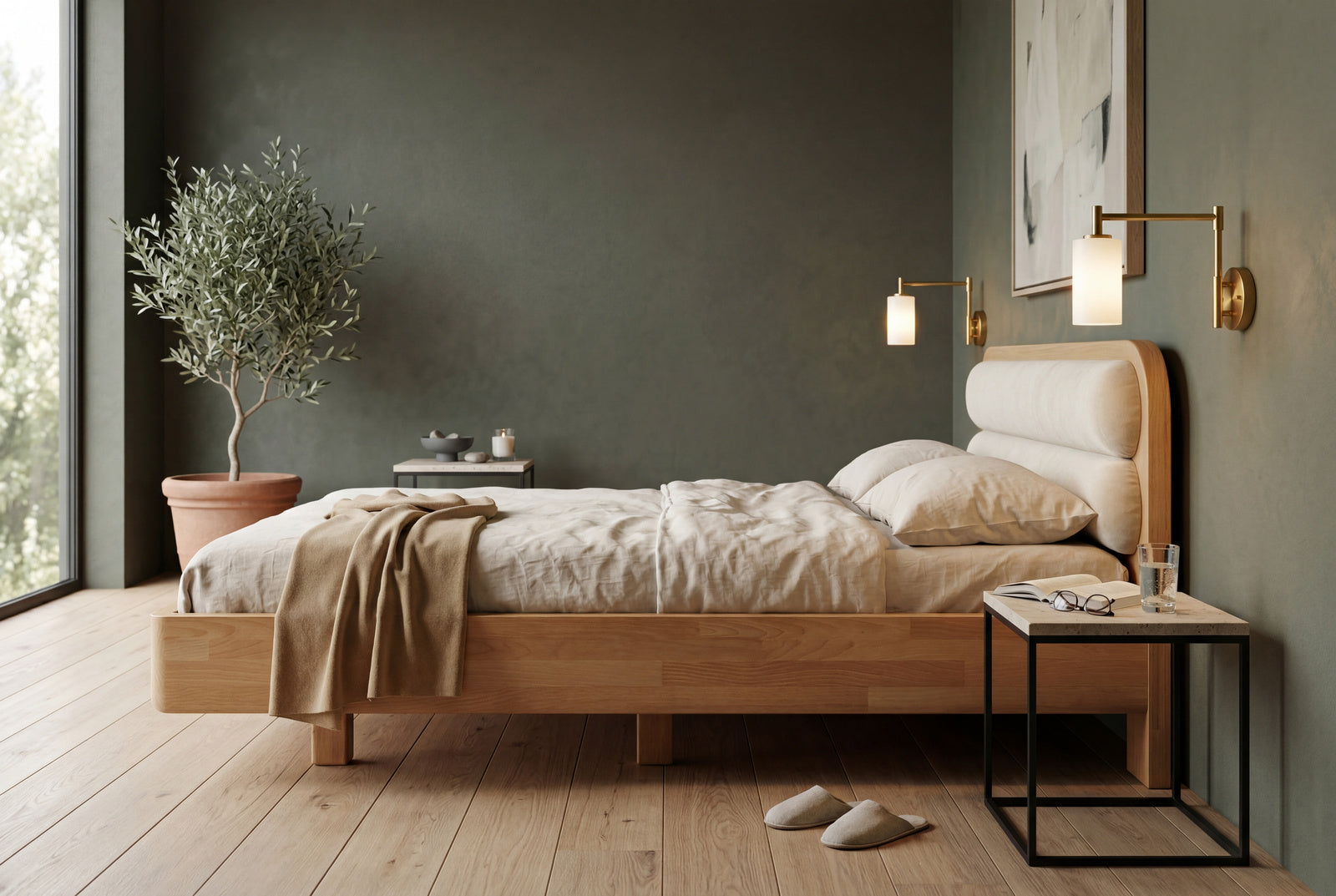 Łóżko lewitujące Eyko Ponza 160 × 200 cm, buk, zagłówek ecru