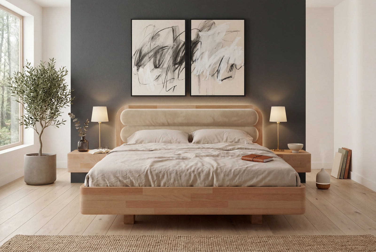 Łóżko lewitujące Eyko Ponza 180 × 200 cm, buk, zagłówek beżowy