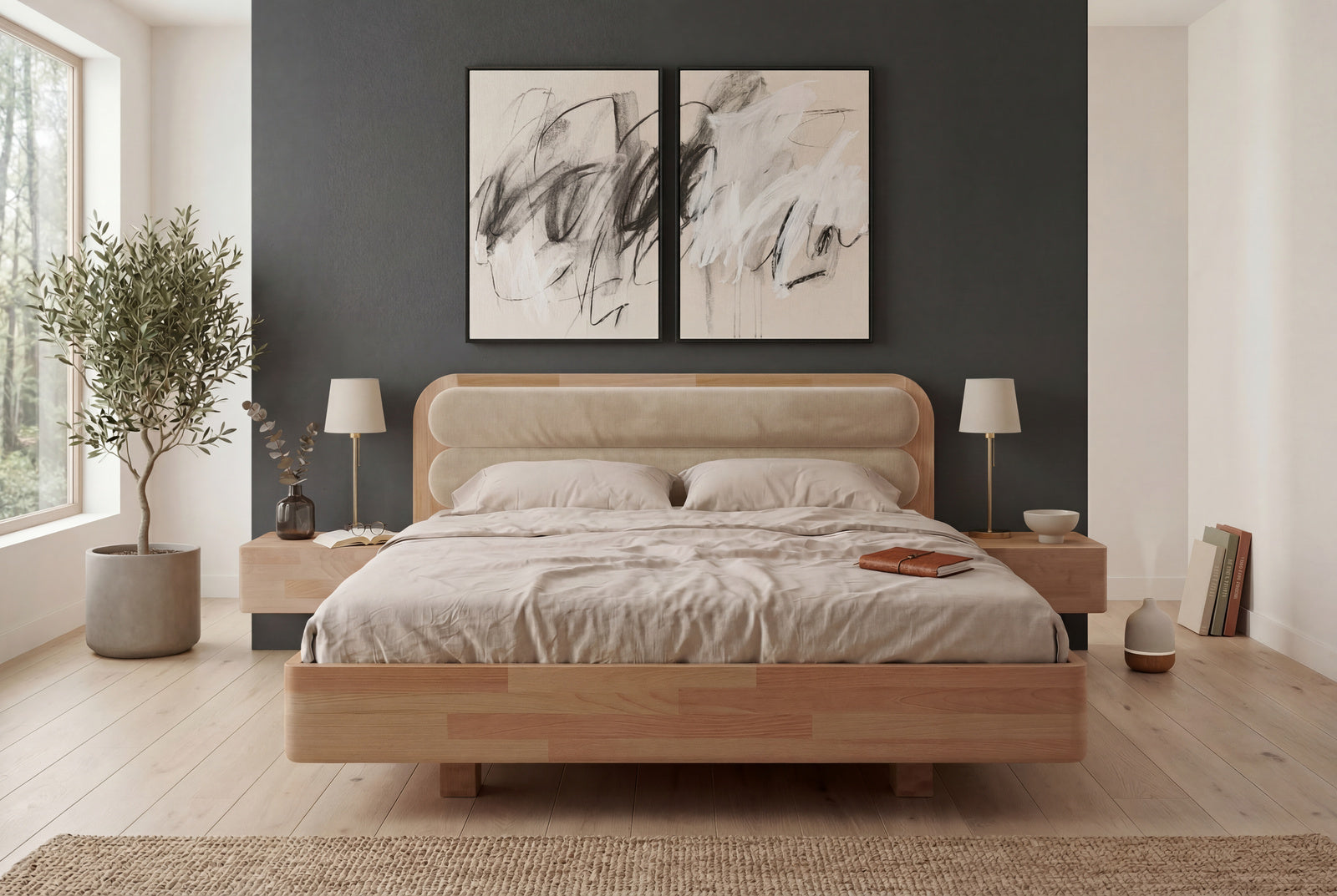 Łóżko lewitujące Eyko Ponza 140 × 200 cm, buk, zagłówek beżowy
