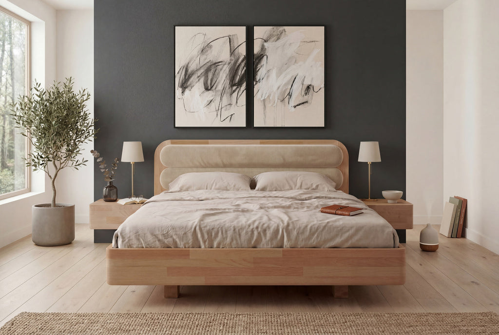 Łóżko lewitujące Eyko Ponza 160 × 200 cm, buk, zagłówek beżowy