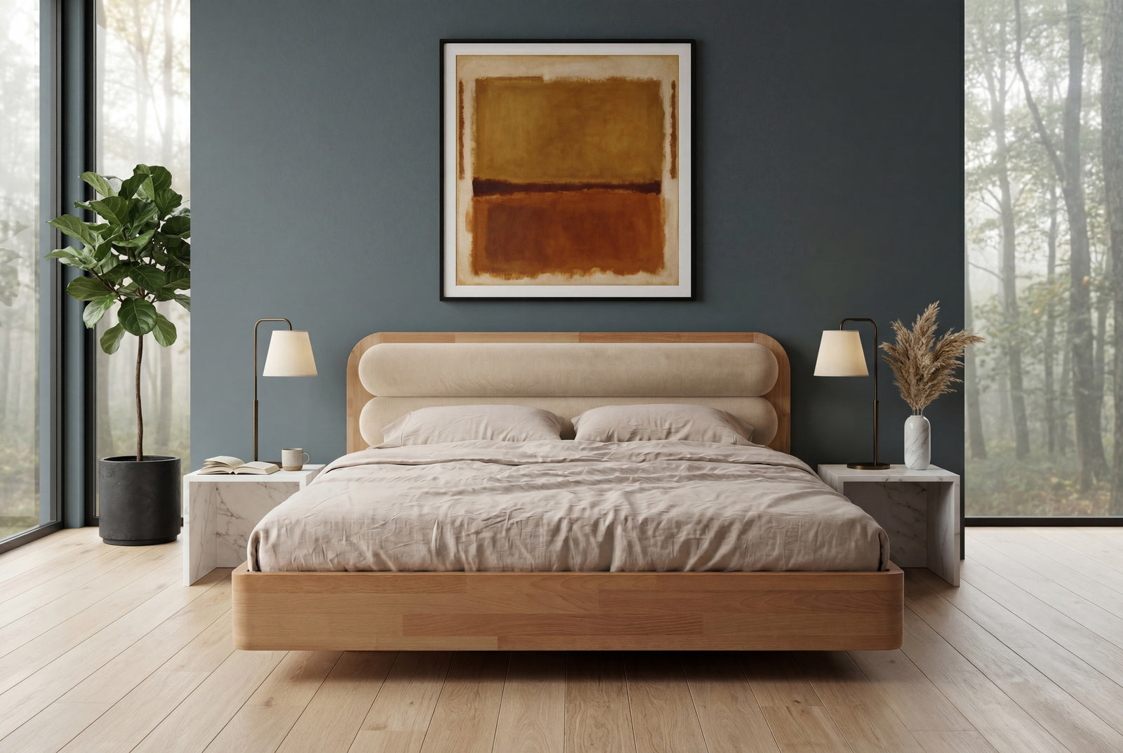 Łóżko lewitujące Eyko Ponza 200 × 200 cm, buk, zagłówek beżowy