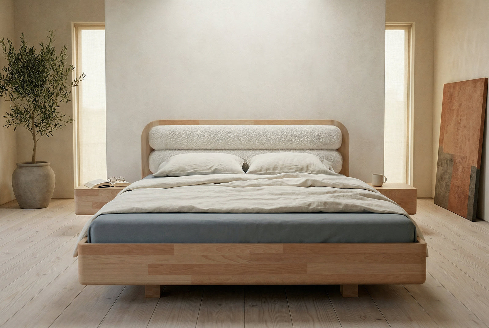 Łóżko lewitujące Eyko Ponza 140 × 200 cm, buk, zagłówek biały