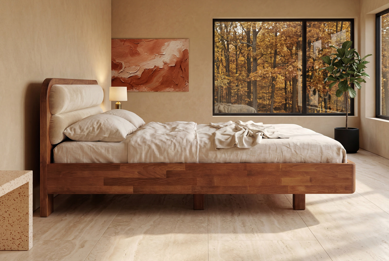 Łóżko lewitujące Eyko Ponza 140 × 200 cm, buk (orzech), zagłówek beżowy