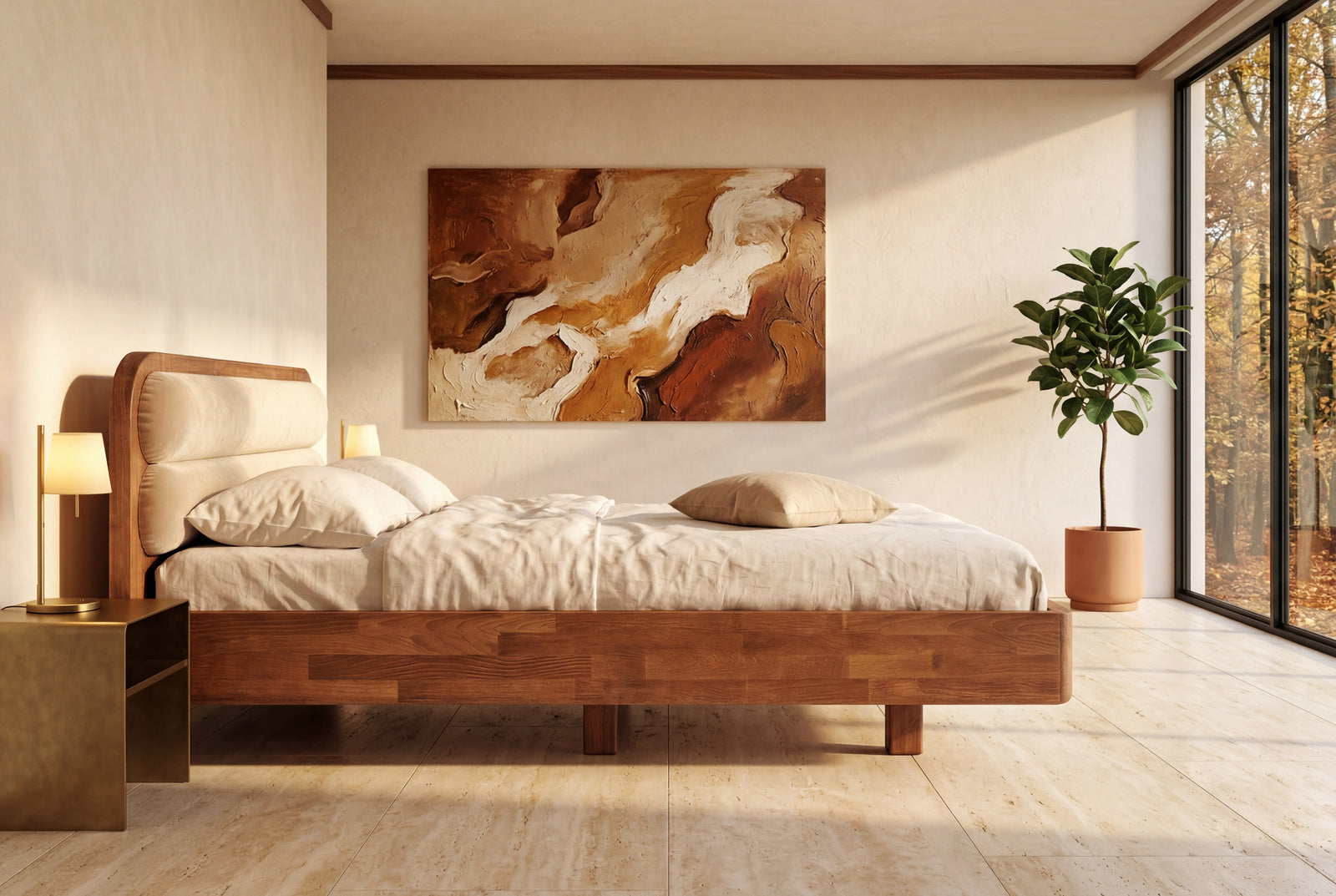 Łóżko lewitujące Eyko Ponza 180 × 200 cm, buk (orzech), zagłówek beżowy