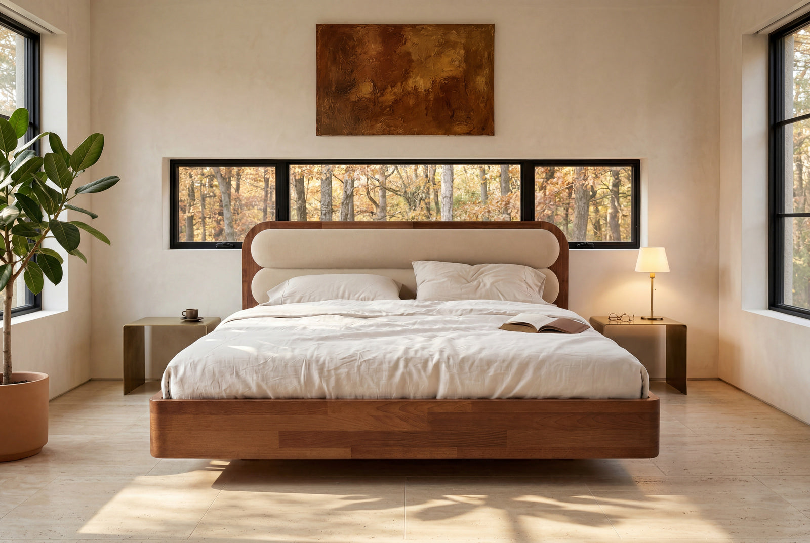 Łóżko lewitujące Eyko Ponza 180 × 200 cm, buk (orzech), zagłówek beżowy